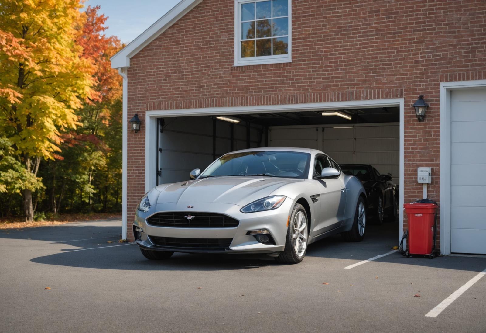 Professional automotive service bay with open roll-up doors, ready for luxury car work