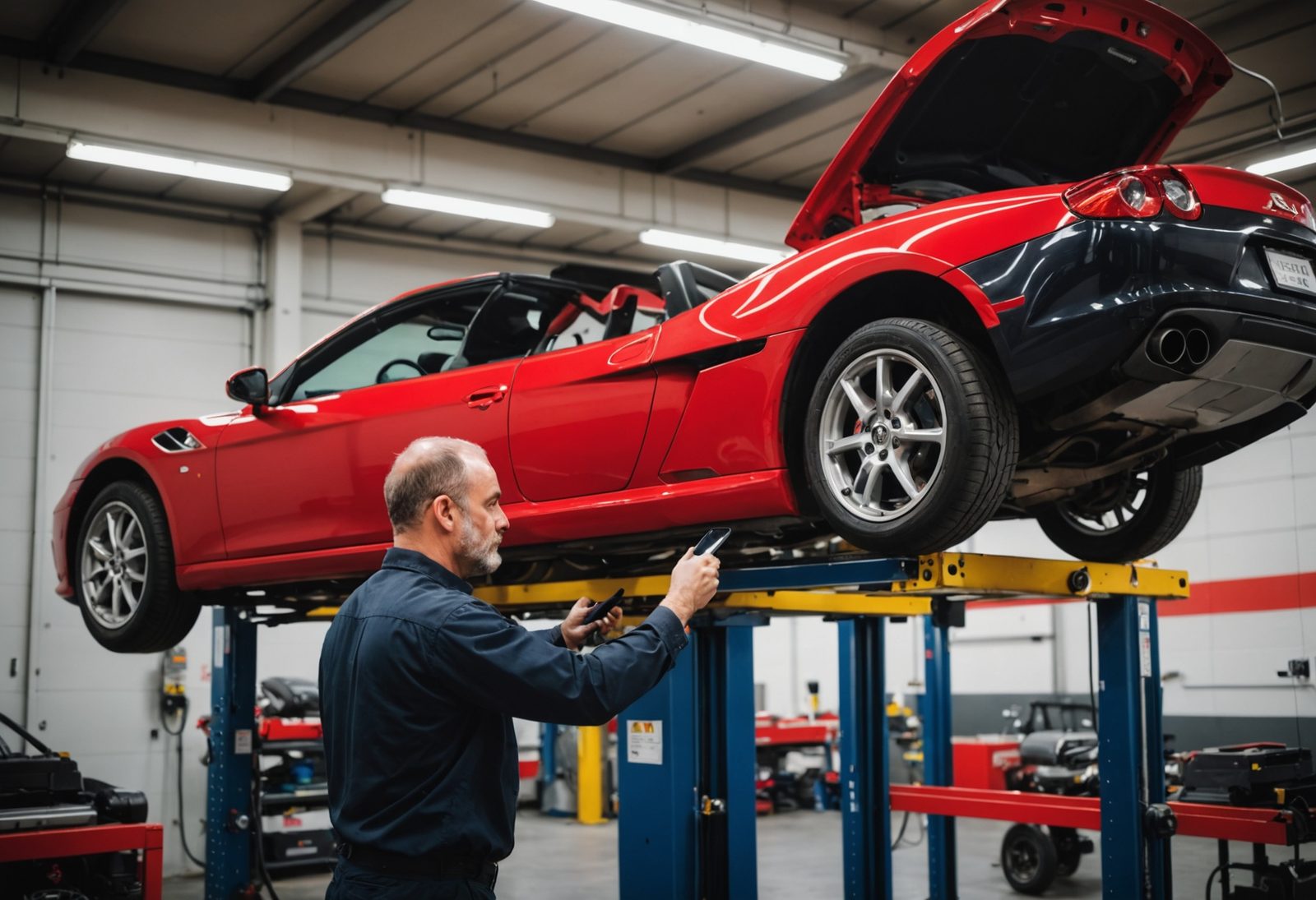 Automotive technician performing diagnostic inspection on a premium luxury vehicle in a professional service facility