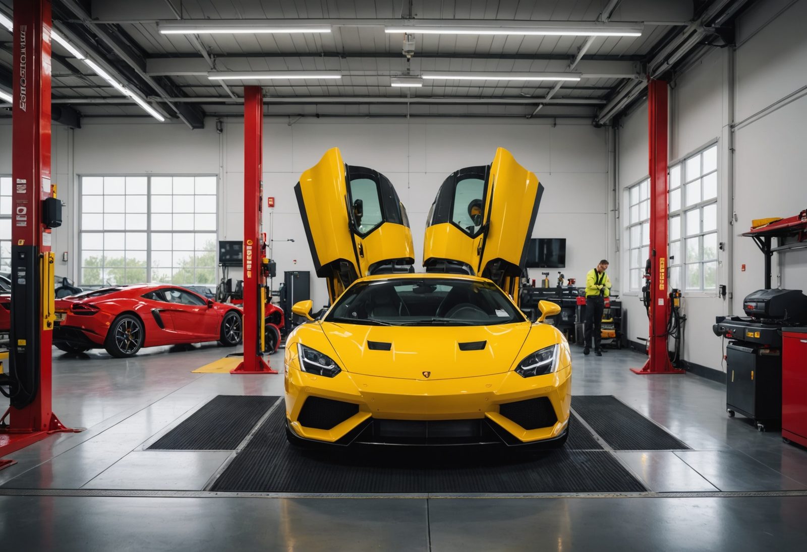 Clean modern exotic car service workshop with sports cars on lifts