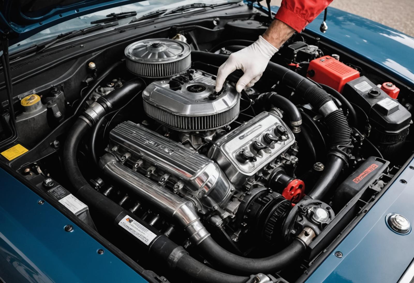 Close-up of engine work being performed by a technician