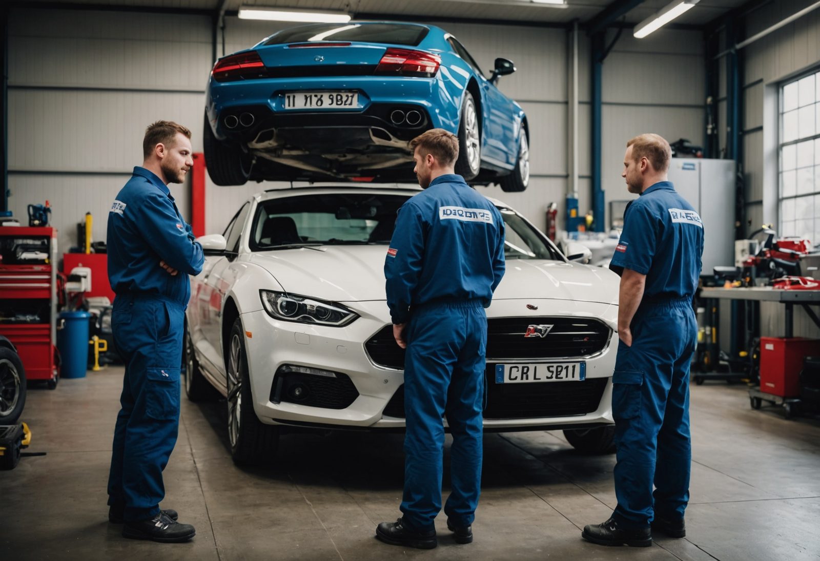 Experienced automotive technicians examining a high-performance engine during diagnostic work