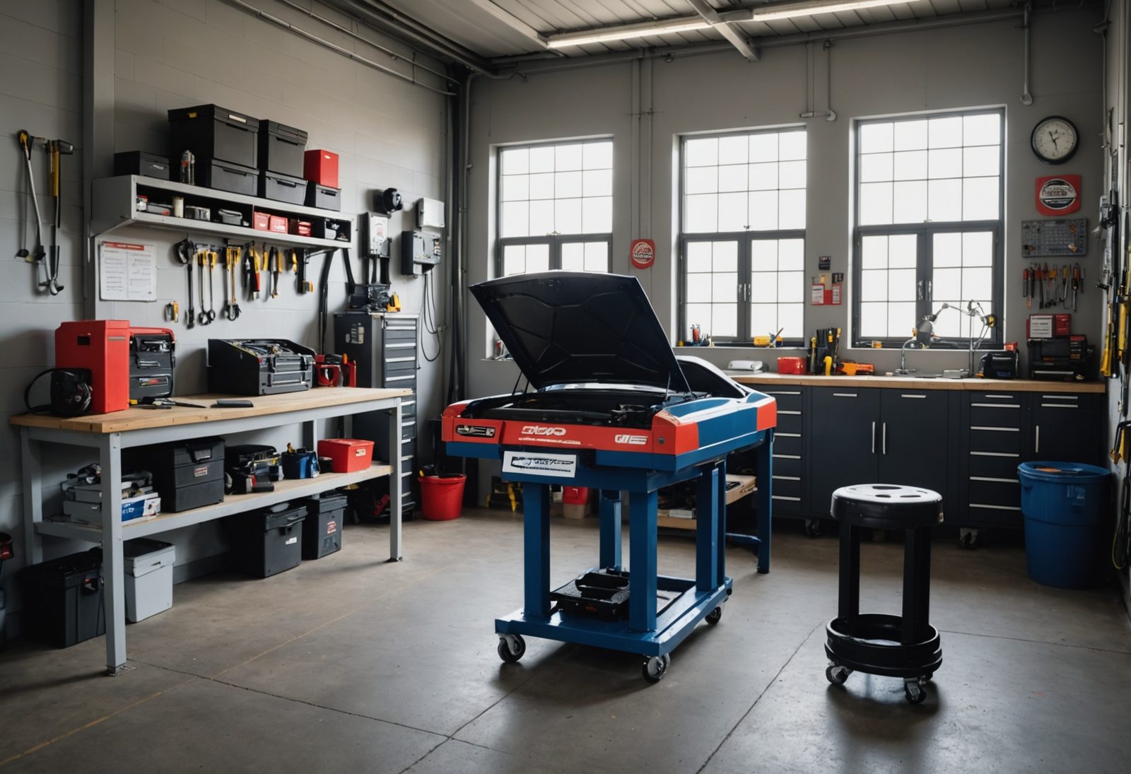 Interior of automotive service workspace with tools and diagnostic equipment