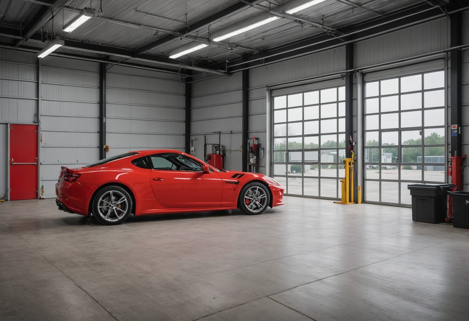 Interior of a certified automotive service garage with diagnostic workbench and technical manuals