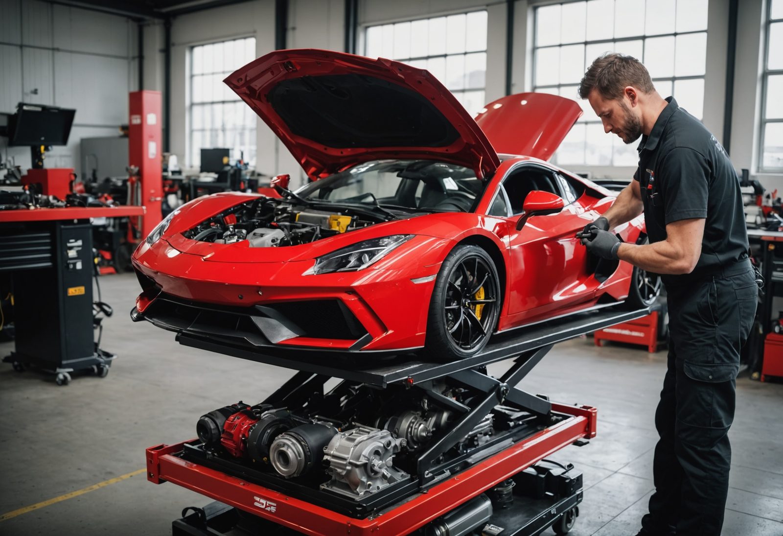 Mechanic performing precision work on supercar engine with specialized tools in professional service environment