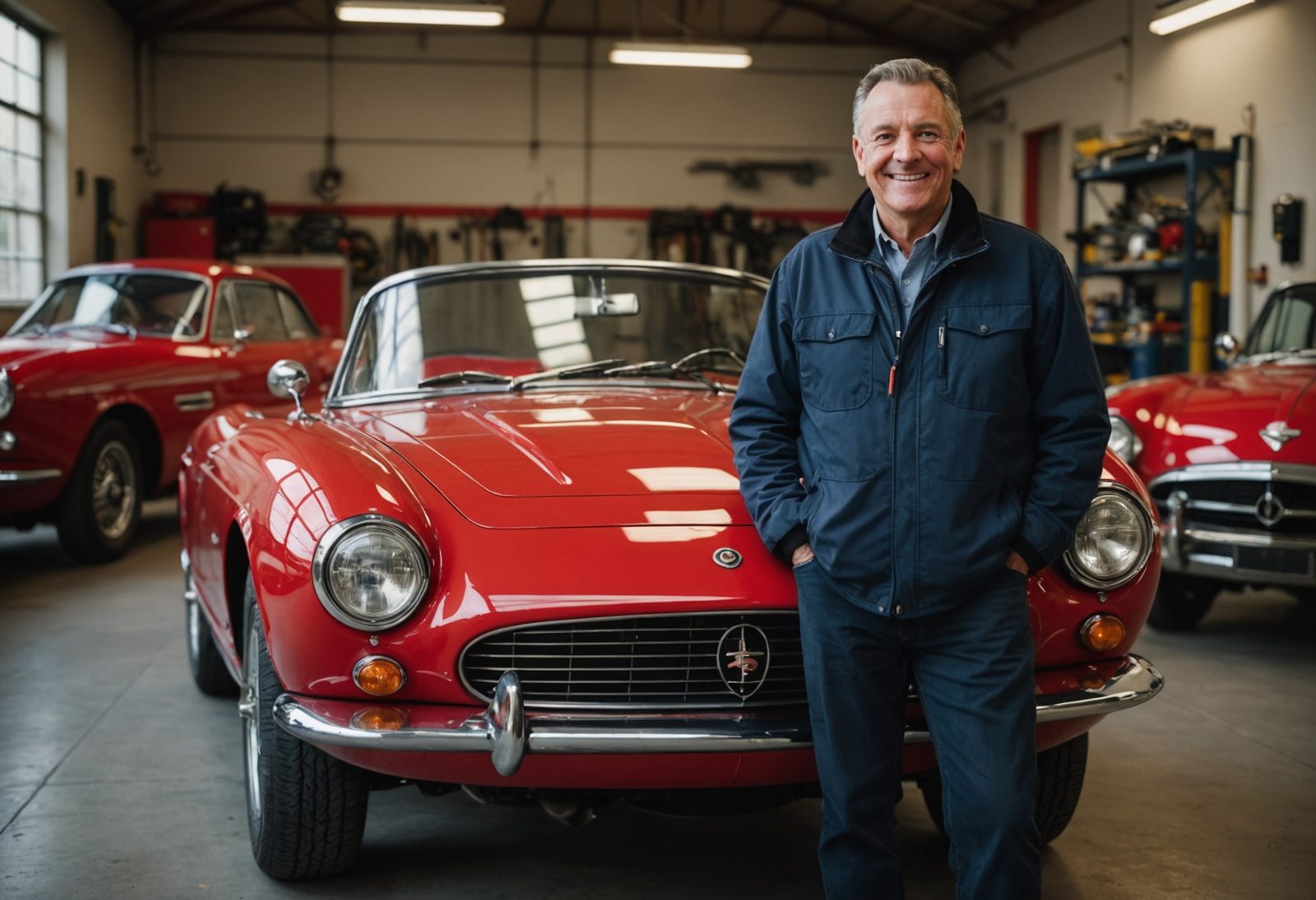 Owner smiling beside restored exotic car in service garage