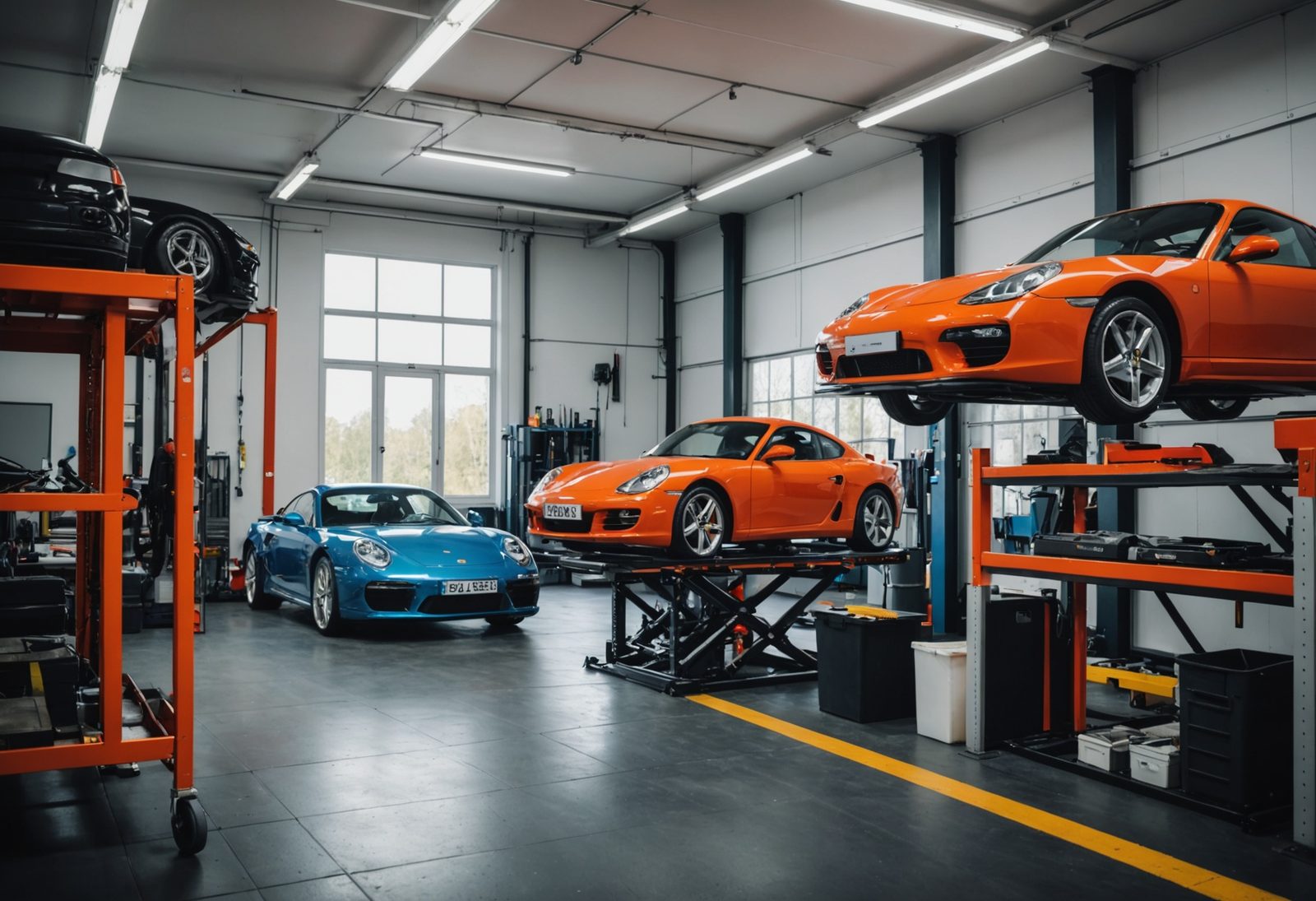 A specialist shop's interior showing professional workspace, lifted vehicles, and diagnostic equipment