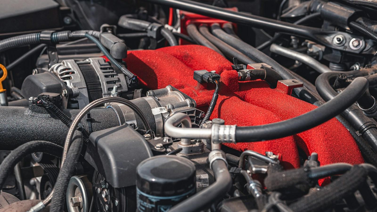 Sports car engine bay with diagnostic scanner and precision tools during professional service work