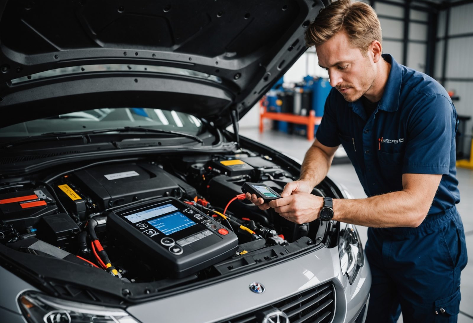 Technician using diagnostic equipment on a high-end sports car